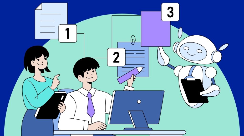 Illustration of two people working on a resume with a robot helping